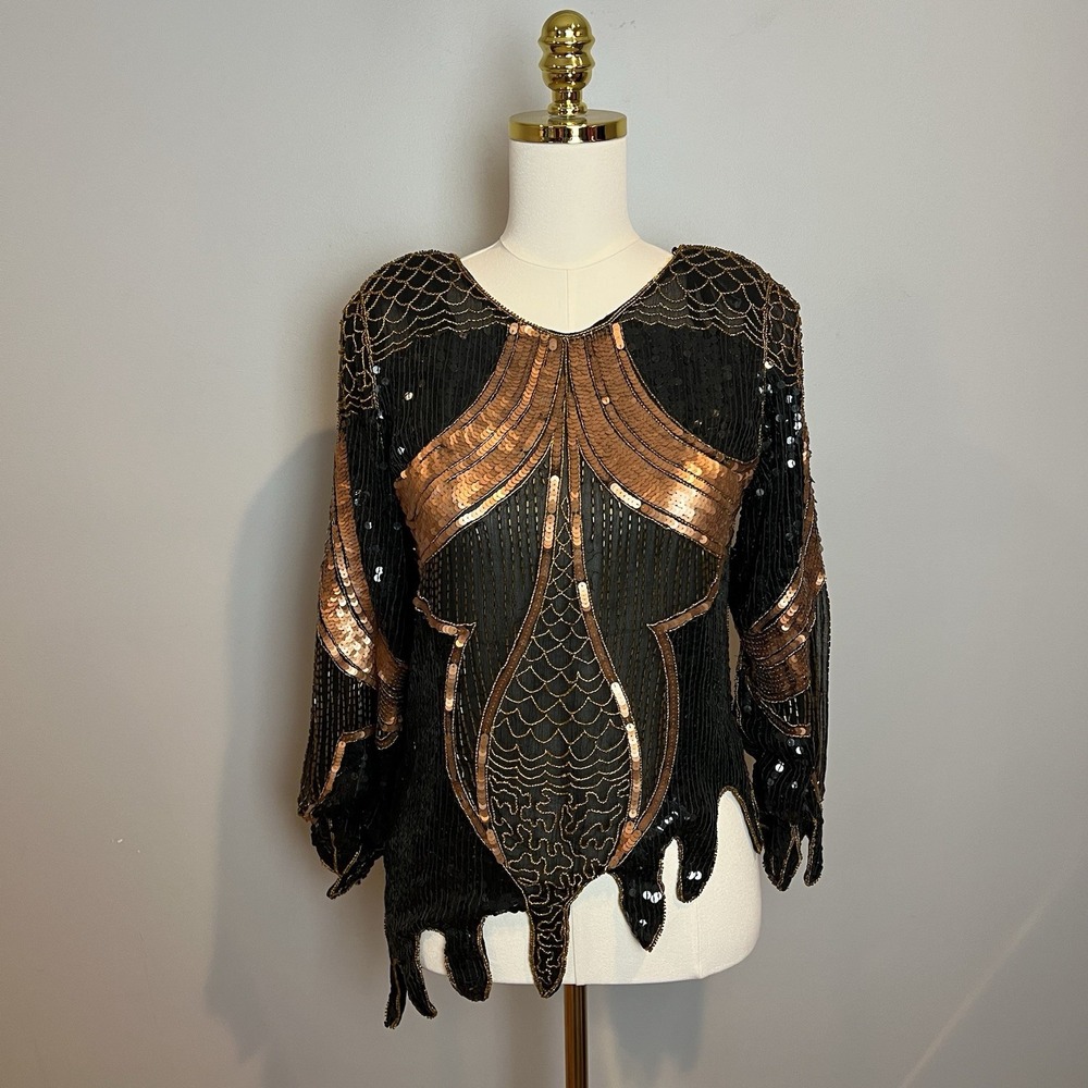 Vtg Creative Creations Sequin Top Womens Size Large Black Copper Drip Hem Unique